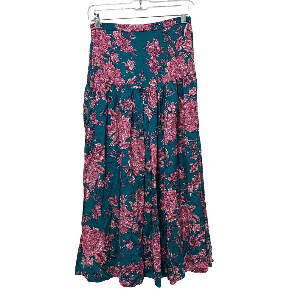 Abel the Label Floral Maxi Skirt Womens Small Teal Pink Boho Tiered Rayon